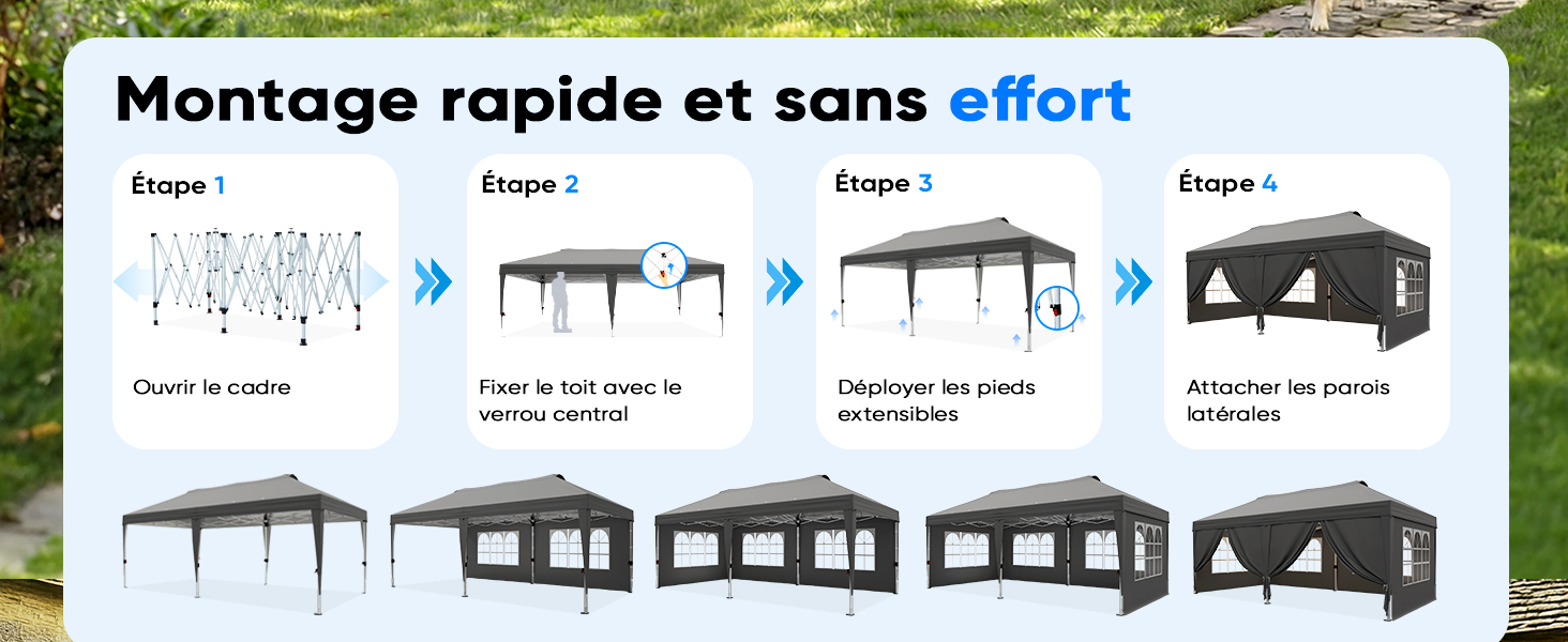 Le texte se lit comme suit : « Montage rapide et sans effort ». Instructions de montage étape par étape montrant la progression de l'installation de la tente belvédère, du cadre à la structure entièrement assemblée avec auvent noir.
