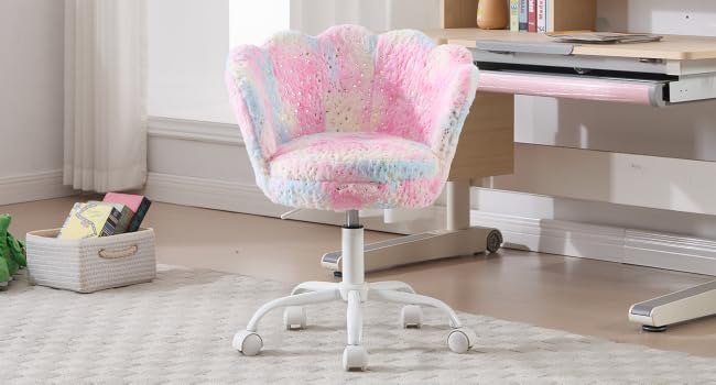Series of images showing pink and blue patterned office chair in different positions against light-colored flooring and white wall background.