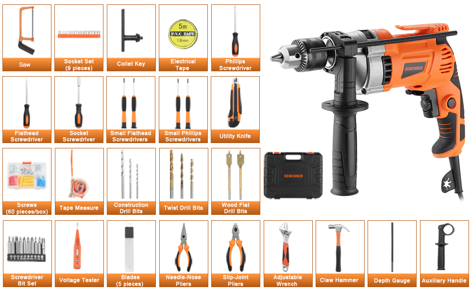 Affichage complet de l'ensemble d'outils présentant divers forets, accessoires et outils électriques dans une palette de couleurs orange et noir. Les éléments sont disposés en grille organisée avec des supports de montage.