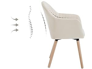 Sillón moderno con tapicería color crema y patas de madera. El diagrama muestra la función de respaldo ajustable con flechas que indican