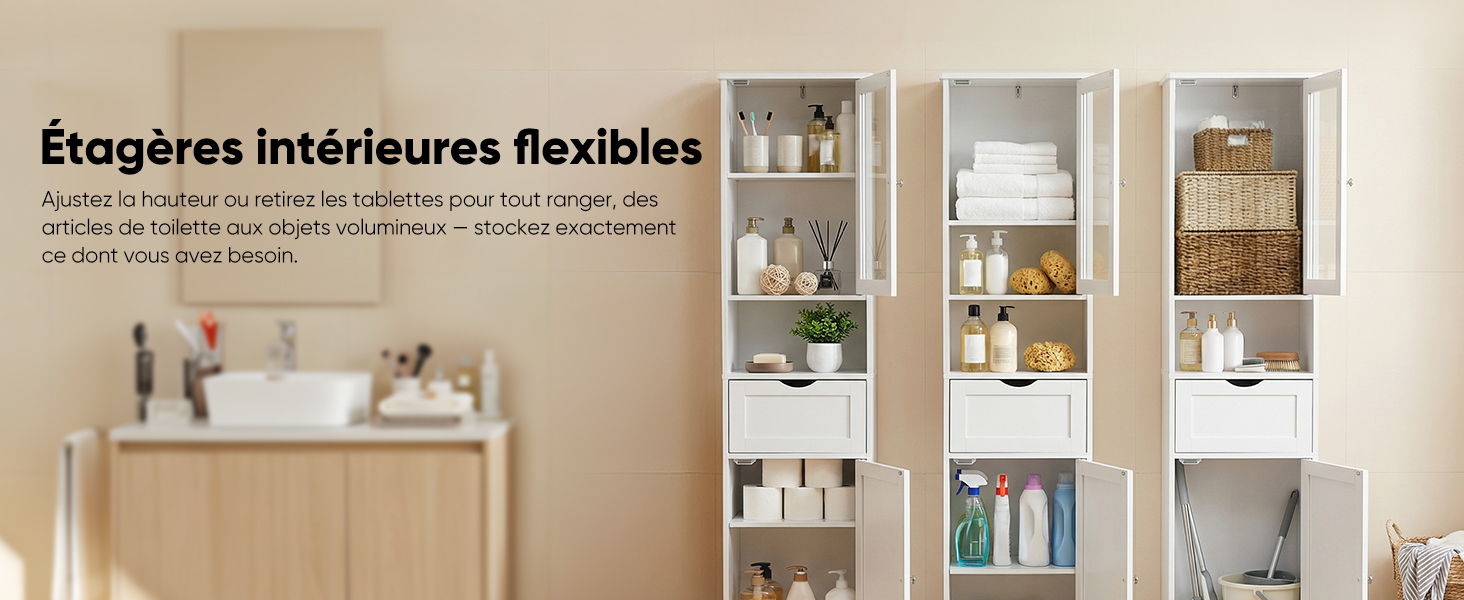 Le texte se lit comme suit : « Étagères intérieures flexibles ». Série de photos de l'intérieur d'armoires montrant des systèmes d'étagères réglables en finition bois clair avec différentes configurations de rangement.