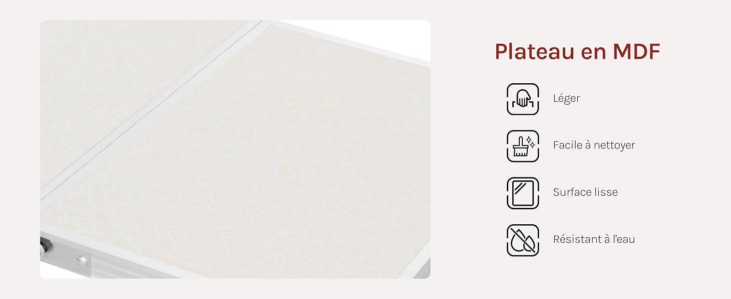 Le texte se lit comme suit : « Plateau en MDF ». Schéma du produit montrant une surface ou un tableau blanc avec des icônes indiquant diverses caractéristiques ou spécifications.