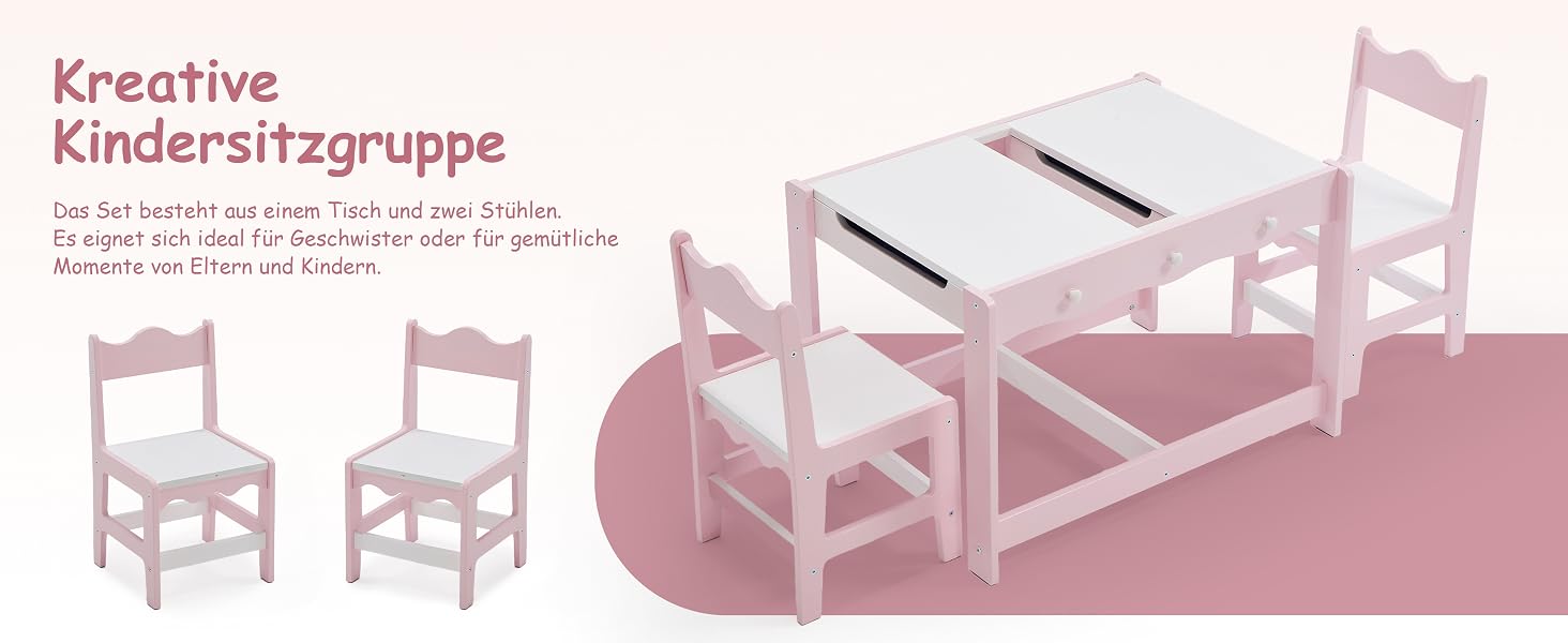 Der Text lautet „Kreative Kindersitzgruppe“. Abbildung eines rosafarbenen Kindermöbelsets aus Holz mit einem Tisch mit zwei Stühlen und Produktinformationen.
