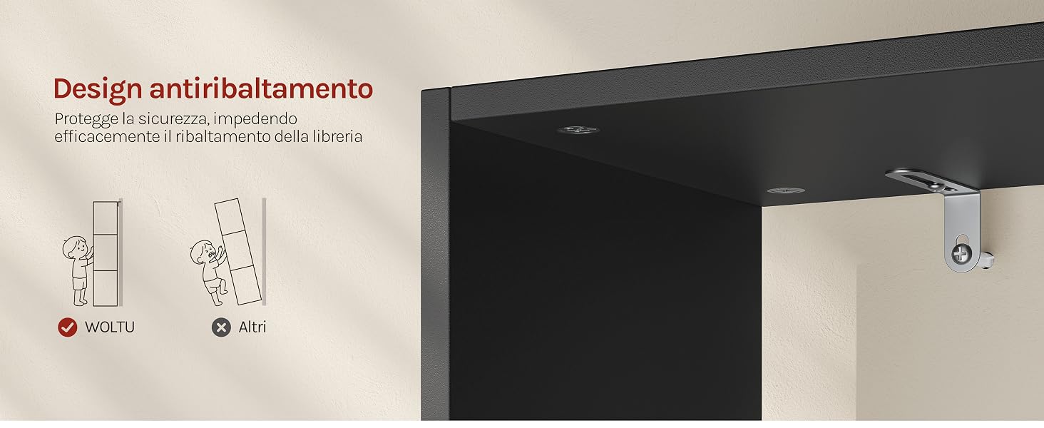 Il testo recita «Design anti/ribattamento» con schemi di installazione in lingua italiana e illustrazioni che mostrano le fasi di assemblaggio o installazione dell'apparecchio a parete.