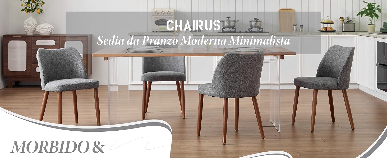 Il testo dice 'MORBIDO &'. Interno moderno della sala da pranzo con diverse sedie imbottite grigie attorno a un tavolo da pranzo, con piante decorative e illuminazione contemporanea.