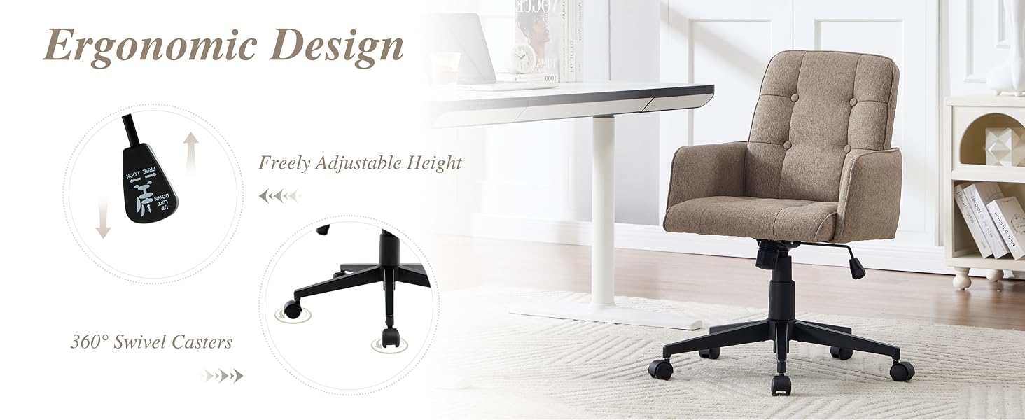 Text reads 'Ergonomic Design'. Multiple views of an office chair in gray upholstery shown from different angles, highlighting adjustable features and modern design.