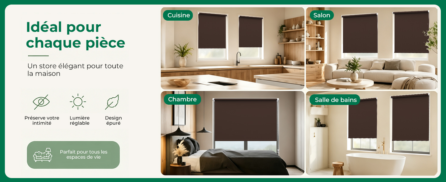 Le texte indique « Idéal pour chaque pièce » avec des images de produits montrant l'aménagement intérieur de la pièce avec des meubles et des solutions de rangement dans des tons neutres.