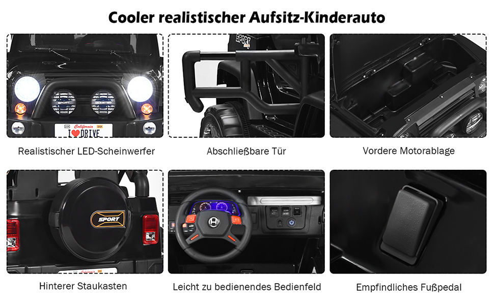 2 Sitzer Kinderauto 2,4G-Fernbedienung 3 Gang Elektroauto MP3 Musik Hupe Scheinwerfer Jeep Auto