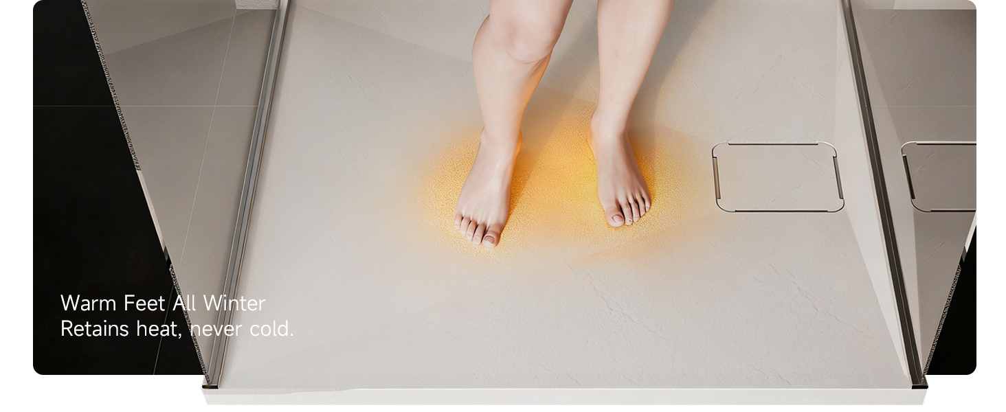 Text reads 'Warm Feet All Winter'. Close-up view of bare feet on light-colored floor with warm yellow lighting effect beneath.