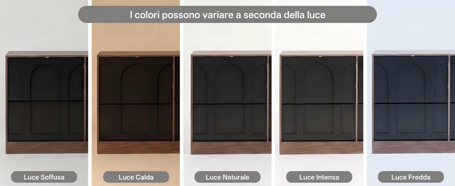Il testo recita «Faded personare variora a secondo della tinta». Cinque campioni di colore che mostrano campioni di tessuto nero, marrone e blu scuro con etichette a colori sottostanti.