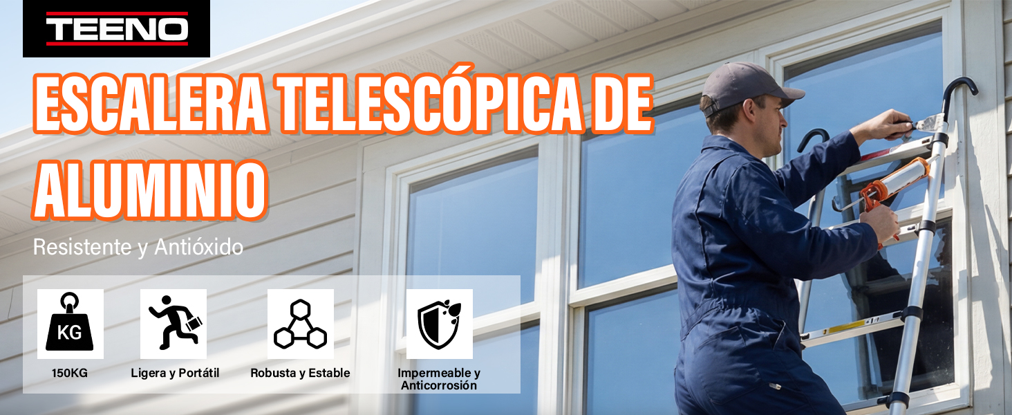 El texto dice «TEENO» y «ESCALERA TELESCOPICA DE ALUMINIO». Escena profesional de instalación o mantenimiento que muestra el uso de una escalera telescópica.