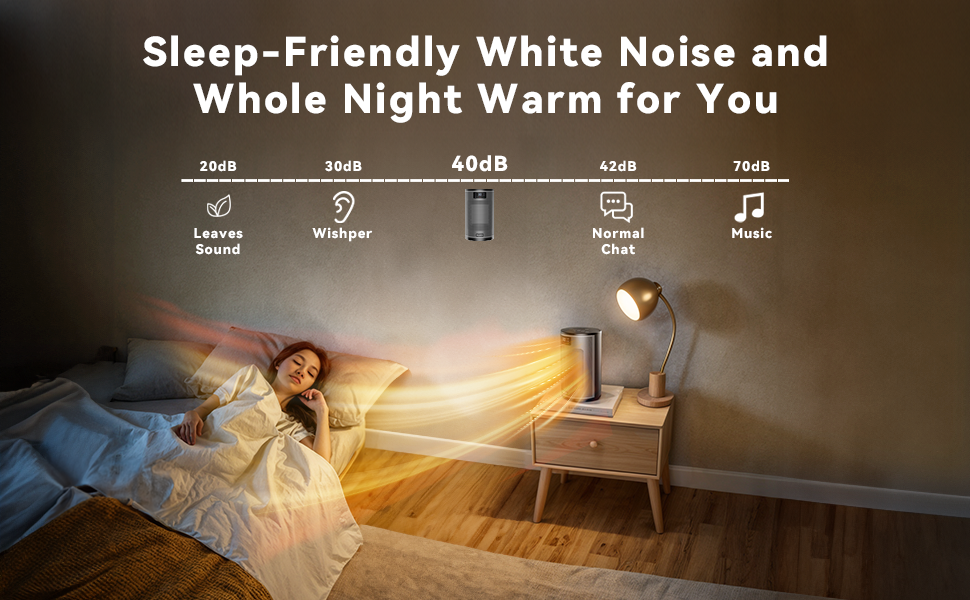 Sleep aid device advertisement showing bedroom scene with illuminated person. Icons indicate features like white noise and temperature control.