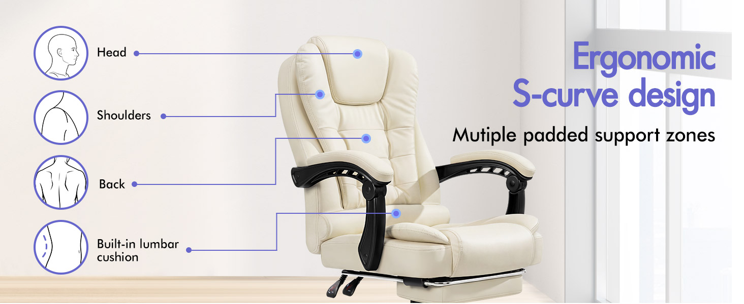 Text reads 'Ergonomic', 'S-curve design', 'Multiple padded support zones', with labeled callouts for 'Head', 'Shoulders', 'Back', 'Bottom Leather cushion'. Cream-colored reclining chair photographed from front angle showcasing ergonomic support features across multiple body areas.