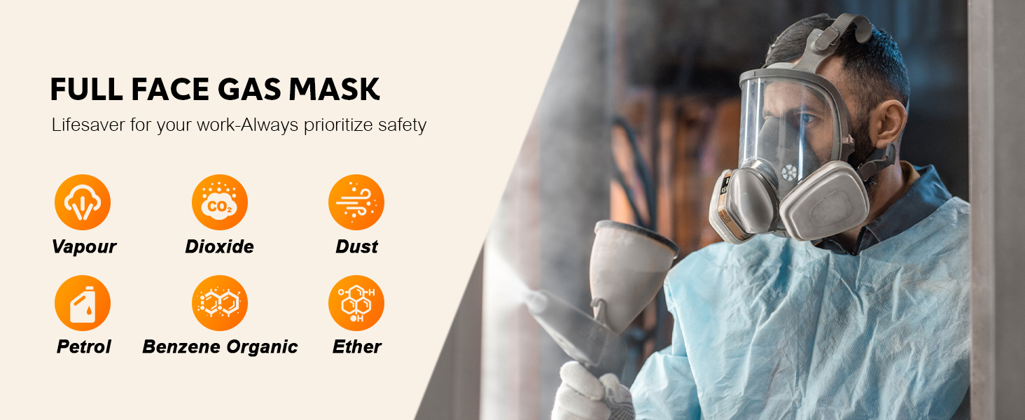 Masque à gaz intégral avec visière transparente, montré porté par une personne portant un équipement de protection. Les icônes indiquent la protection contre la vapeur, le dioxyde, la poussière, l'essence, le benzène organique et l'éther