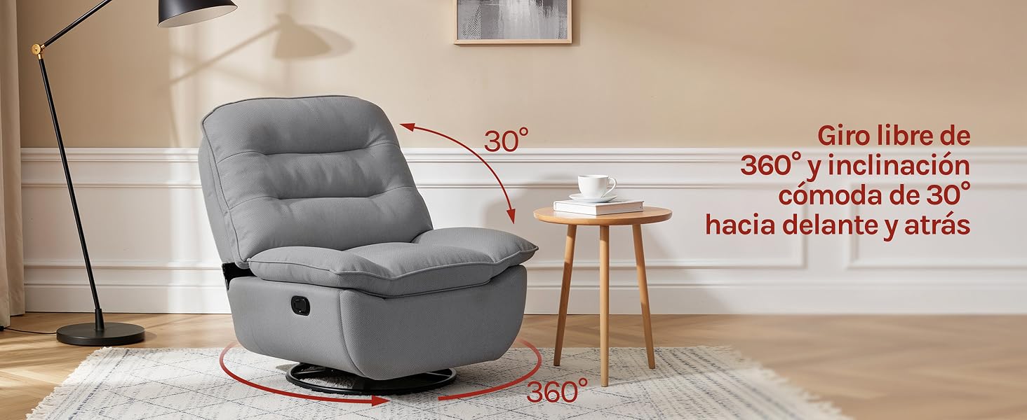 El texto dice «Giro libre de 360 e inclinación reclinable de 30° hasta 180°». La silla giratoria tapizada en gris con capacidad de reclinación de 360 grados y 30 a 180 grados se muestra en el interior de la casa.