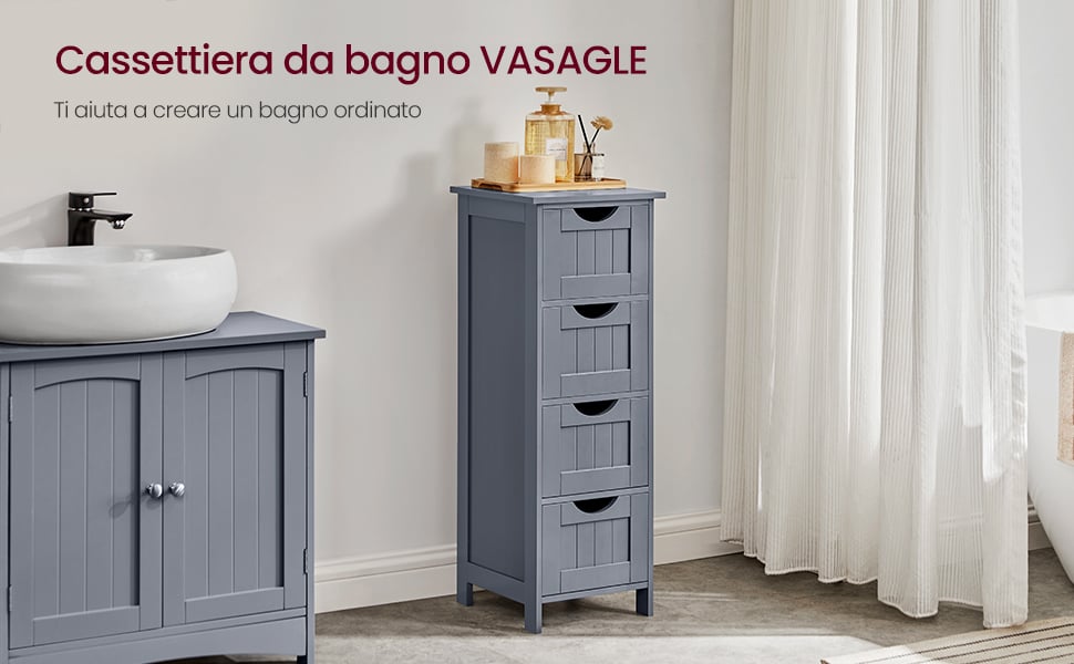 VASAGLE Mobile da bagno, mobile da bagno, armadio a piedistallo con 4  cassetti, 30 x 30 x 82 cm, per bagno, soggiorno, sala da pranzo, cucina,  stile moderno, grigio