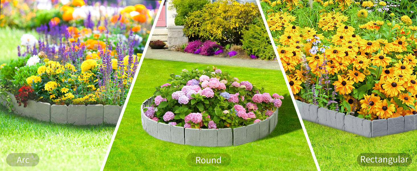 Trois images de bordures de jardin montrant une bordure de pelouse grise incurvée et rectangulaire remplie de fleurs colorées, notamment des fleurs jaunes, violettes et roses