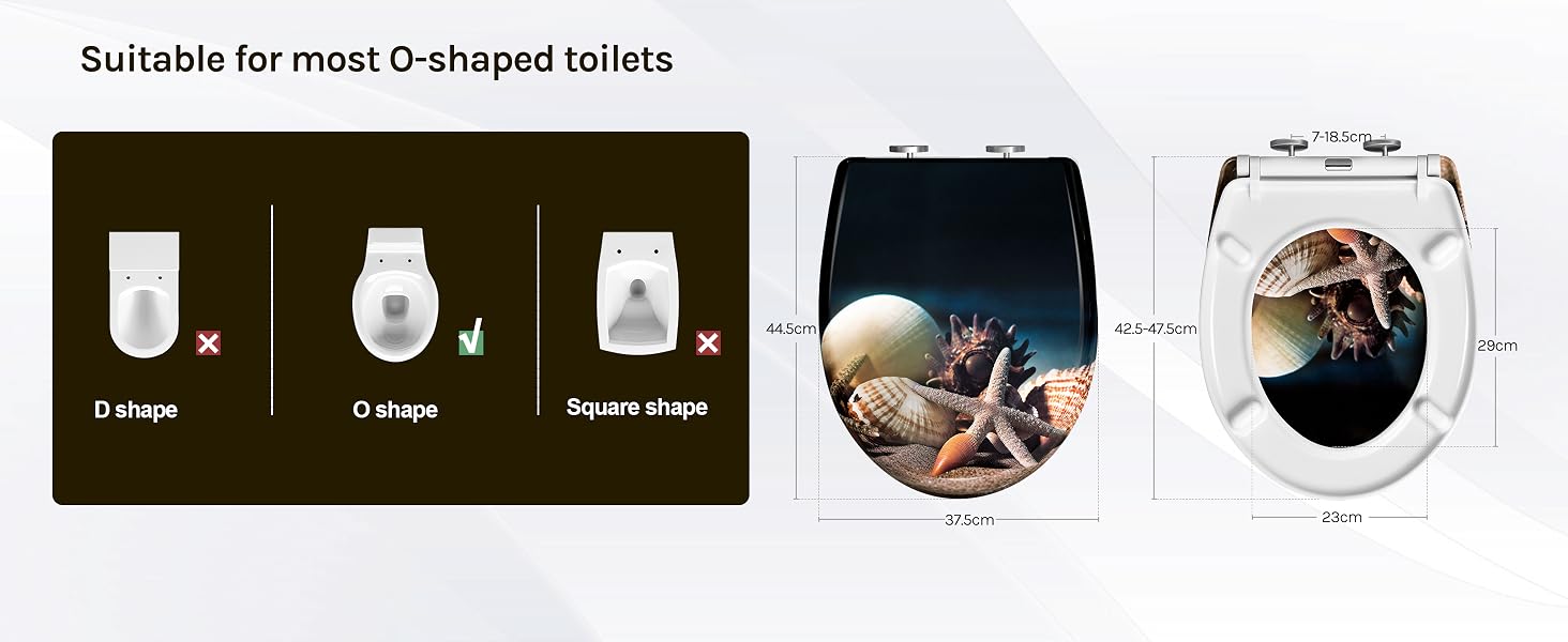 Toilet seat covers with horror-themed designs. Left panel shows toilet shape compatibility. Center and right panels display zombie hands and creepy face designs on toilet lids. Text: 