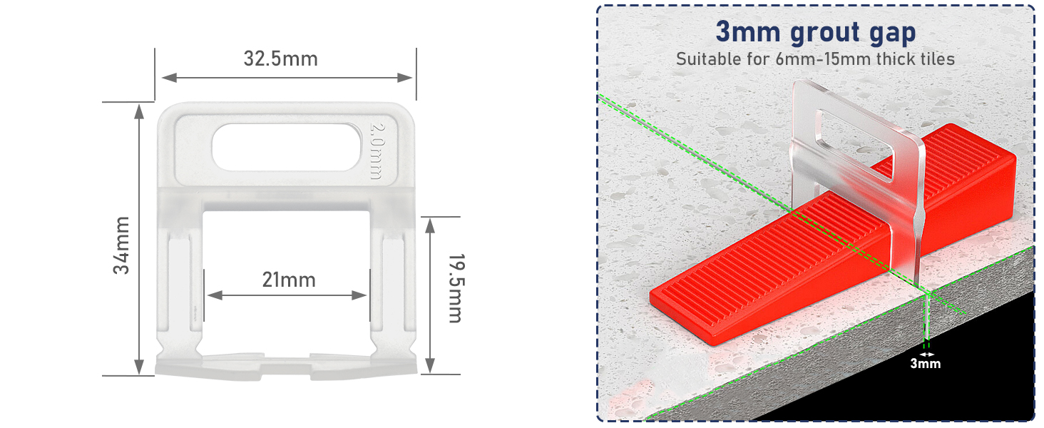 Schéma du système de nivellement des carreaux. La gauche indique les dimensions, la droite illustre un espace de coulis de 3 mm avec un coin rouge et une entretoise transparente