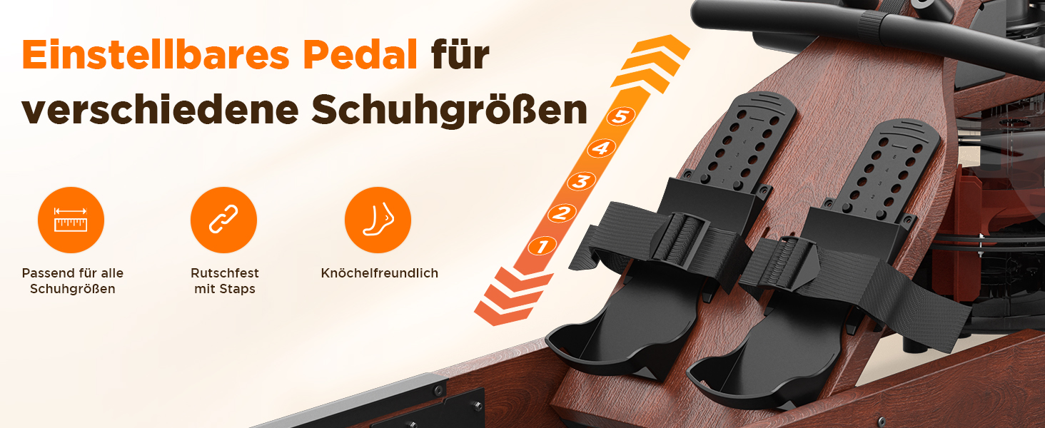 Der Text lautet „Einstellbares Pedal für verschiedene Schuhgrößen“. Das Bild zeigt scheinbar Lehr- oder Präsentationsmaterial mit schematischen Diagrammen und orangefarbenen kreisförmigen Indikatoren.