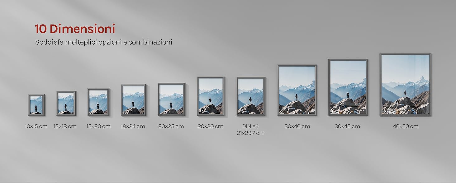 Il testo riporta «Dimensioni 3D» con sottotitoli in basso. Display del prodotto che mostra una serie di 9 piccole immagini sequenziali in cornici bianche montate su sfondo grigio.