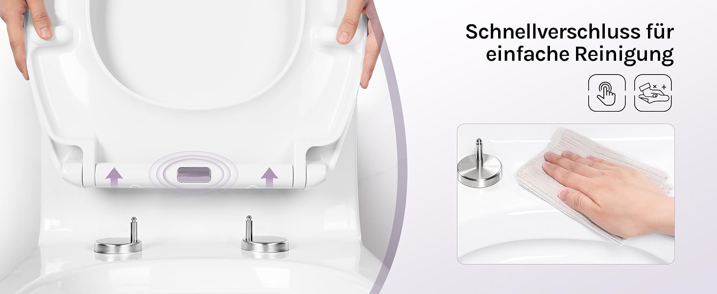 Der Text lautet „Schnellverschluss für einfache Reinigung“ mit Symbolen für Pflegehinweise. Das Bild zeigt einen weißen Handdesinfektionsspender mit Pumpmechanismus und den Händen, die die Verwendung veranschaulichen, sodass die Reinigung schnell zugänglich ist.