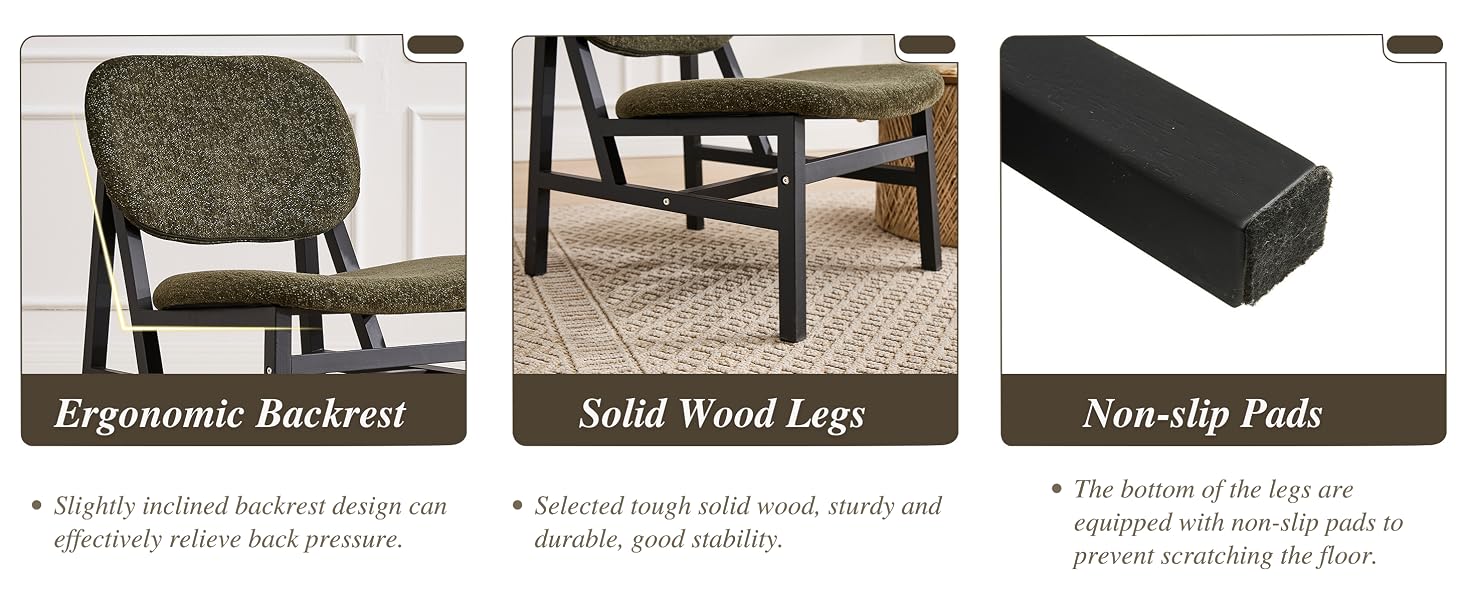 Text reads 'Ergonomic Backrest', 'Mid Wood Legs', 'Non-slip Pads'. Product comparison showing three furniture components in separate panels.
