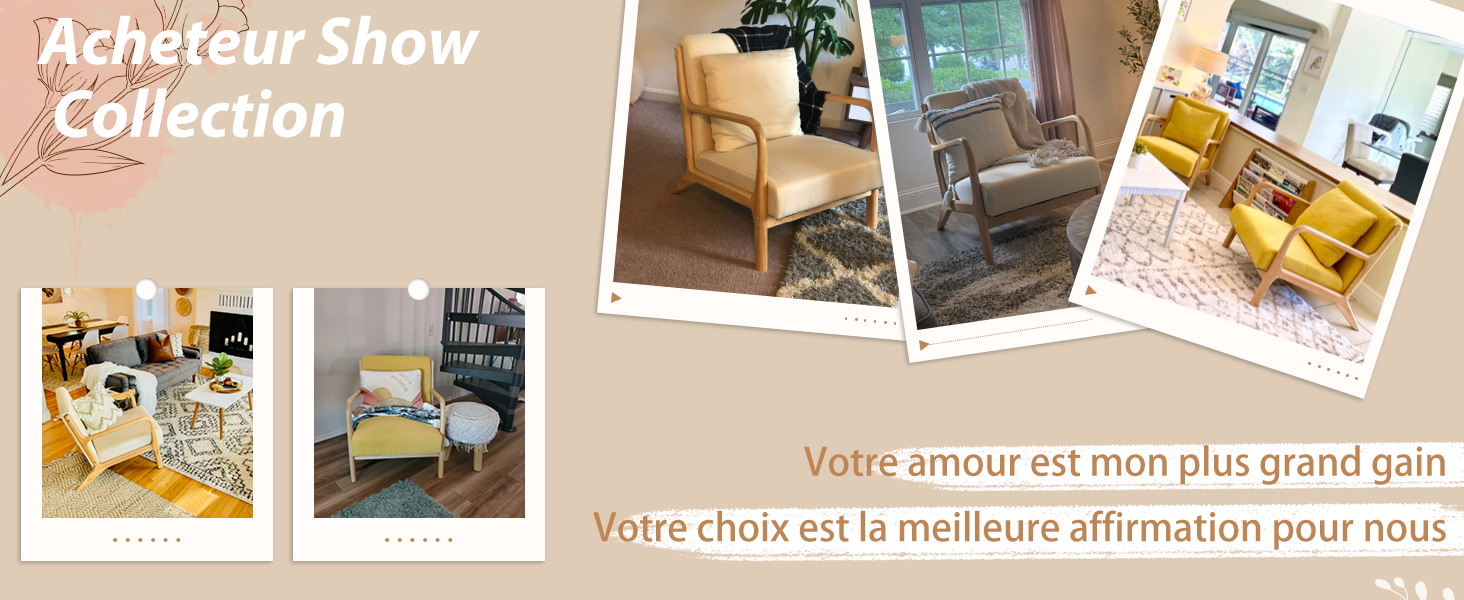 Collage de photos de design d'intérieur mettant en vedette des fauteuils jaunes, des chaises en bois et des aménagements de salon.