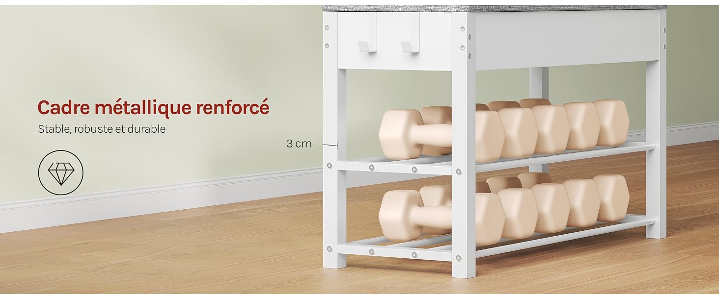 Le texte indique « Cadre métallique renforcé » et « Taille : 80x40x80 cm ». Étagère en métal blanc à trois niveaux contenant des œufs de couleur terre cuite ou des objets en forme d'œuf, présentée dans un décor de cuisine minimaliste.