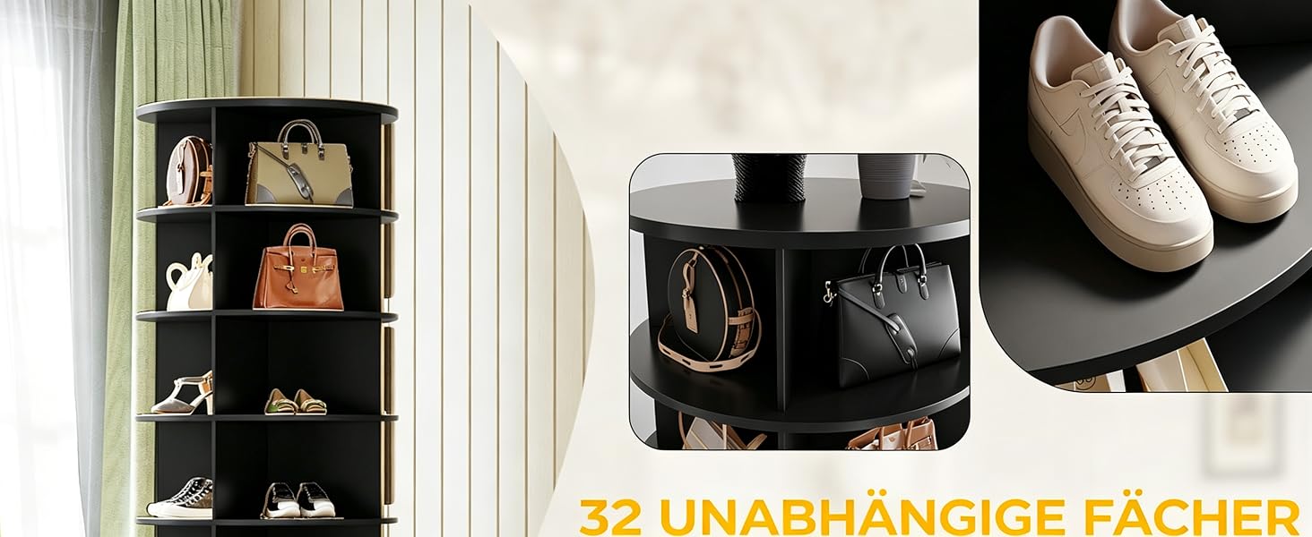 Der Text lautet „32 UNABHÄNGIGE FÄCHER“. Das Display zeigt einen schwarzen Aufbewahrungsschrank mit mehreren Fächern, Kaffeezubehör und weißen Schuhen.