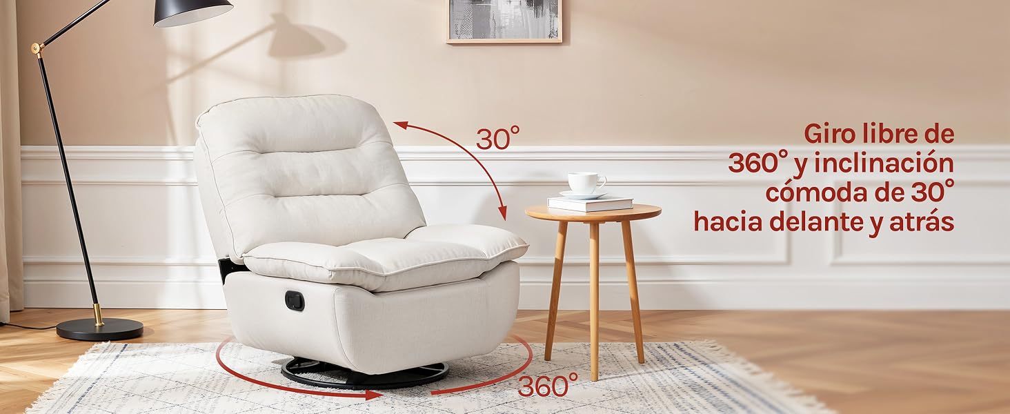 El texto dice «Giro libre de 360°» y «Profundidad de 20" Reclinador y otros». Silla reclinable blanca con reposapiés que se muestra en la sala de estar con mesa auxiliar de madera y lámpara de pie.