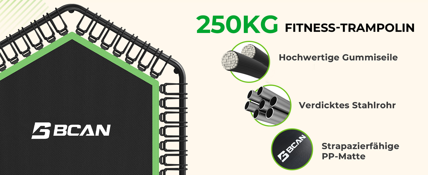 Der Text lautet „250KG FITNESS-TRAMPOLIN“, „BCAN“. Die technischen Daten zeigen hochwertige Gummimatte, Stahlrahmen und PP-matte Komponenten. Diagramm mit den Produktspezifikationen des Fitnesstrampolins.