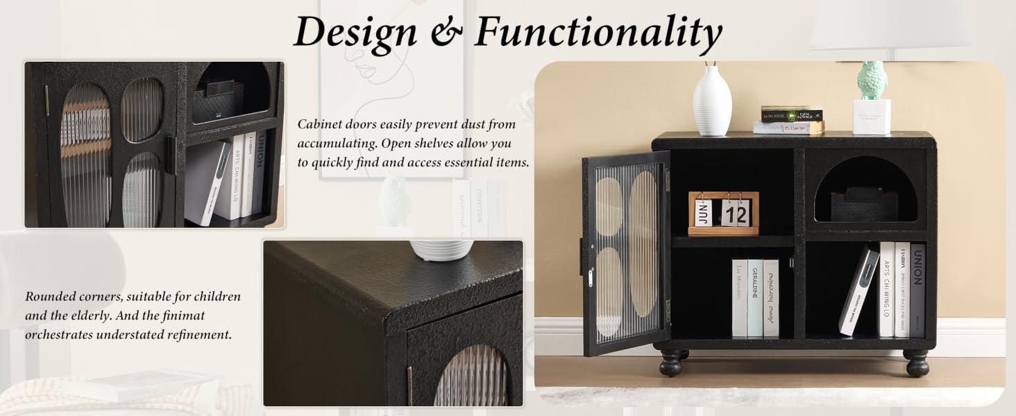 Text reads 'Design & Functionality'. Dark interior space showing storage or display units with minimalist design elements.