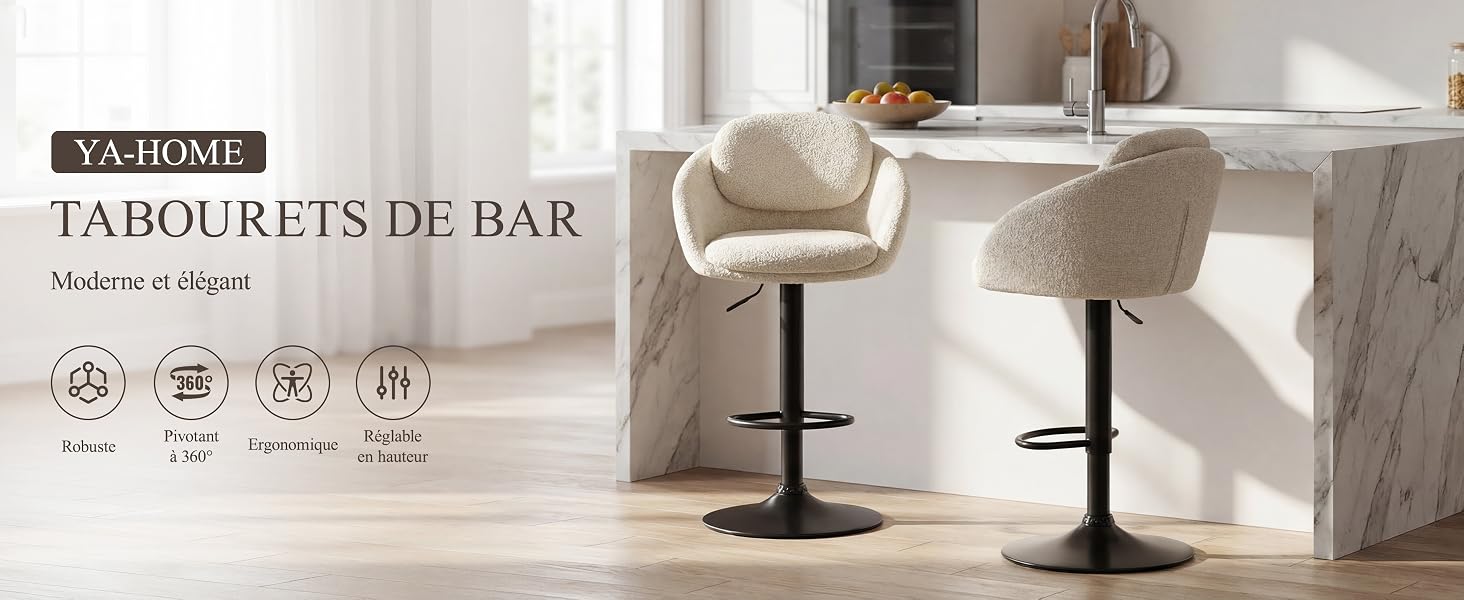 Le texte indique « YA-HOME TABOURETS DE BAR Moderne et élégant » avec des icônes. Image marketing montrant des tabourets de bar crème dans un cadre minimaliste.