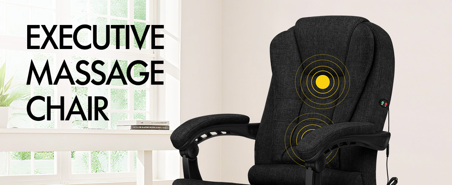 Text reads 'EXECUTIVE MASSAGE CHAIR'. Black upholstered massage chair with yellow control panel, armrests, and modern design shown against light background with city skyline silhouette.