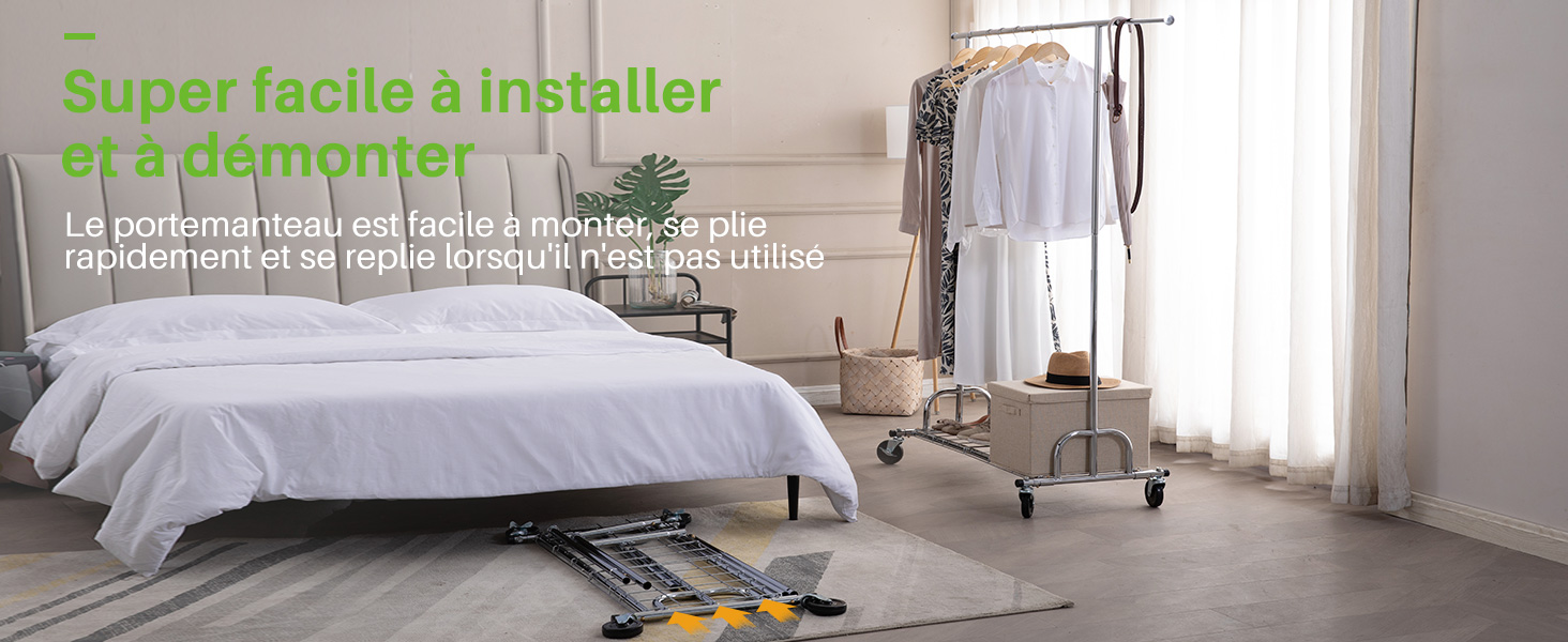 Le texte indique « Super facile à installer ». Série d'images montrant une chambre avec des meubles et une literie blancs dans des conditions d'éclairage naturel.