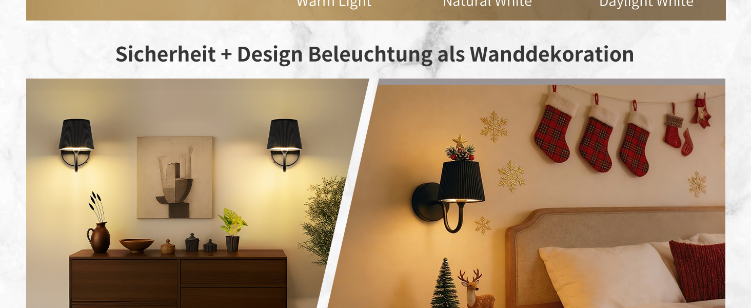 Der Text lautet: „Sicherheit + Design Beleuchtung als Wanddekoration“. Geteiltes Bild, das Wandlampen in zwei verschiedenen Wohnumgebungen mit Weihnachtsdekorationen zeigt.