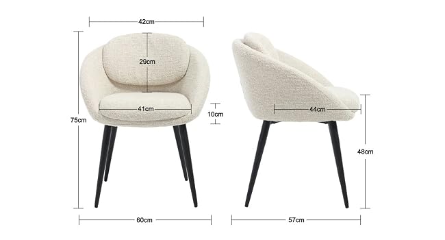 Fauteuil d'appoint rembourré beige avec pieds en métal noir illustrés des angles avant et latéraux, y compris les dimensions pour les spécifications de largeur, de hauteur et de profondeur.