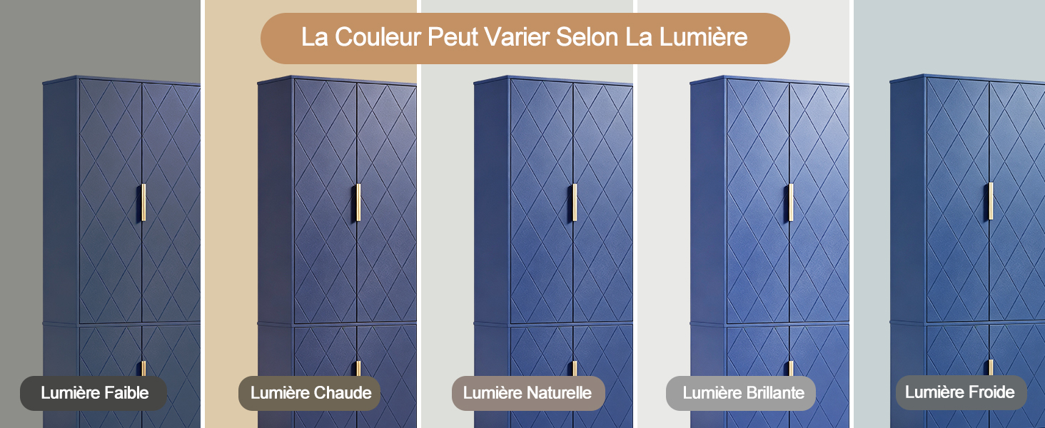 Le texte indique « La Couleur Fool Water Salon La Lumière ». Présentoir de cinq bouteilles ou contenants de produits bleu marine avec des accents dorés disposés en rangée, illustrant les variations de la gamme de produits.