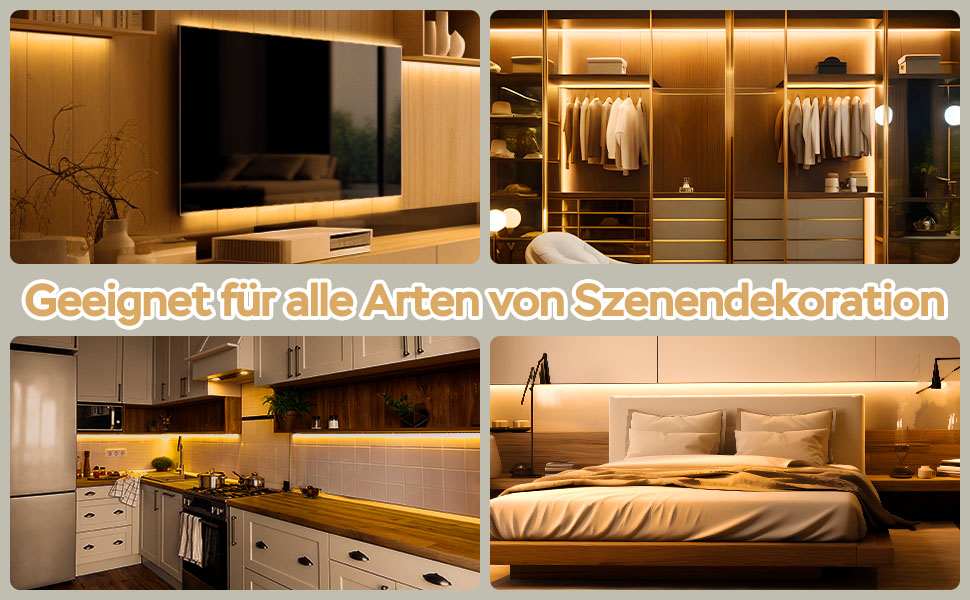 Zusammengesetzt aus vier Innenräumen: Wohnzimmer mit Fernseher und eingebautem Stauraum, begehbarer Kleiderschrank mit warmer Beleuchtung, moderne Küche mit Unterschrankbeleuchtung und Schlafzimmer mit beleuchtetem Kopfteil und