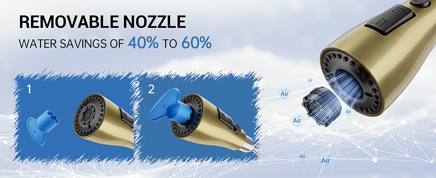 Gold-colored shower nozzle with removable head feature, advertising 40% to 60% water savings through adjustable spray settings.
