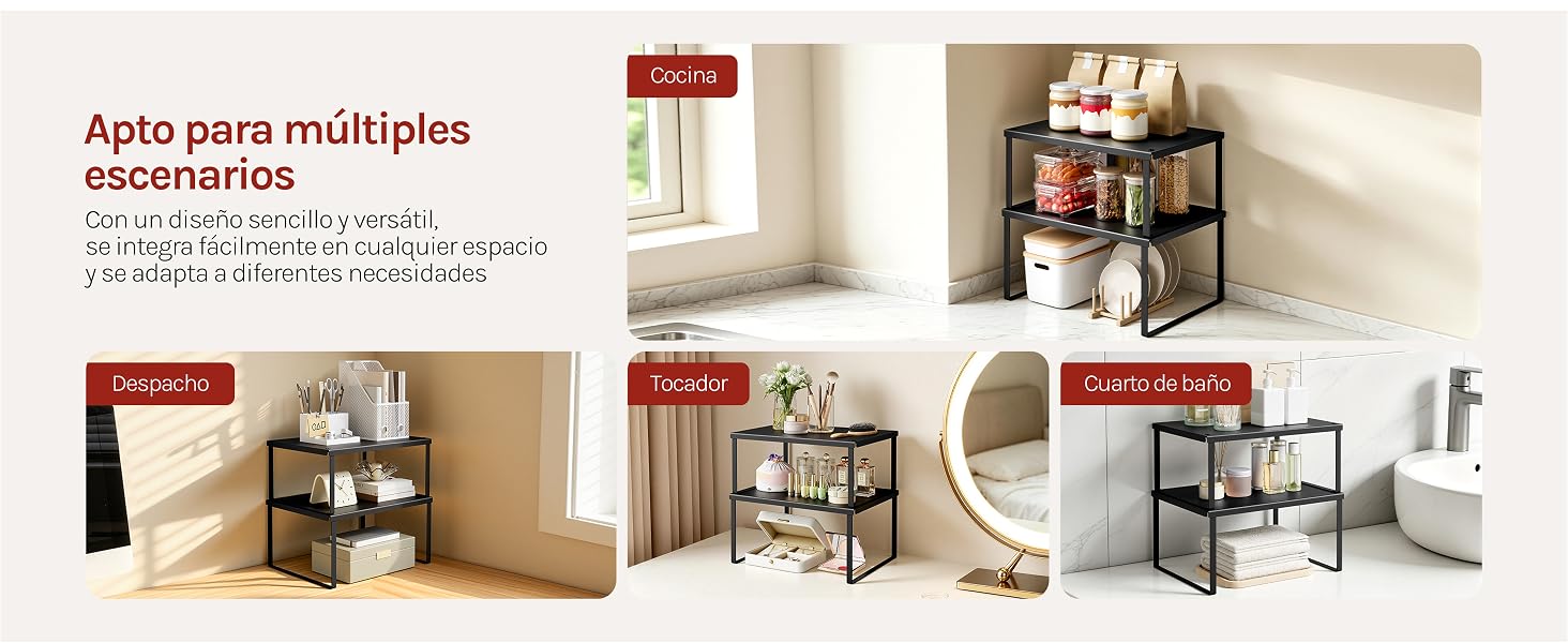 El texto dice: «Apto para multiites escenarios», «Cocina», «Despacho», «Cuarto de baño». Estantería metálica de tres niveles en negro, que se muestra en la cocina, el escritorio de la oficina y el baño con etiquetas de ubicación en español.