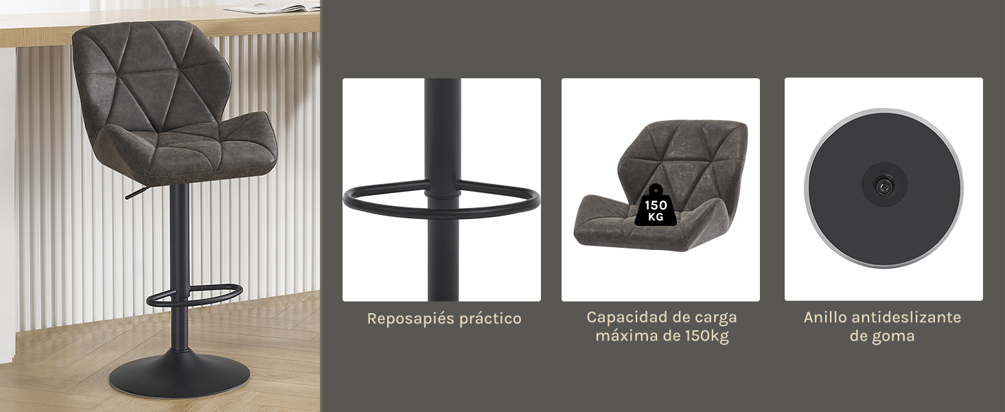 Imagen de cuatro paneles de un taburete de bar. Muestra una vista completa, un reposapiés, un asiento acolchado y un mecanismo de altura ajustable. Diseño acolchado oscuro