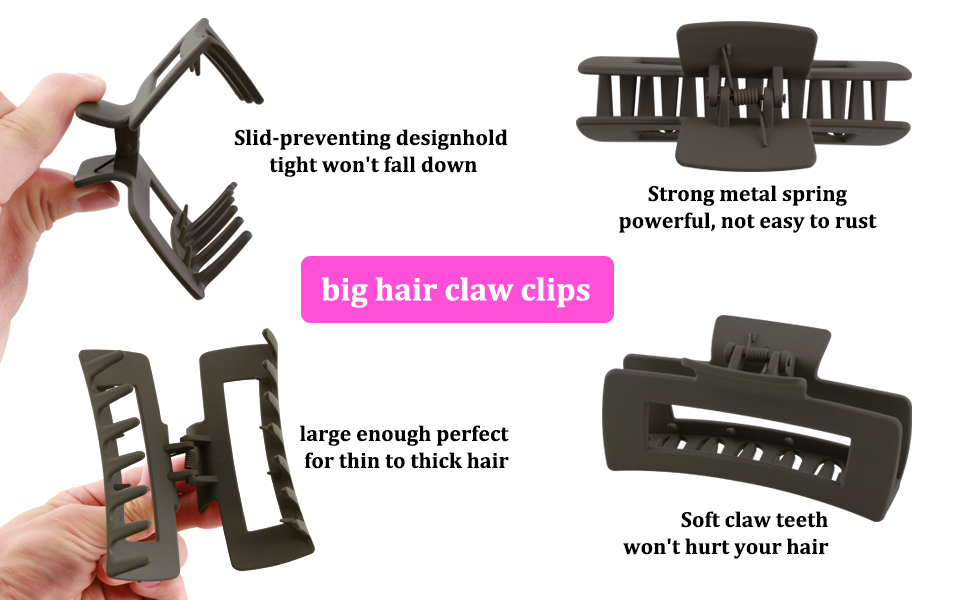 Large black hair claw clips featuring strong metal springs, soft claw teeth, and slip-preventing design. Multiple views show structural details and gripping mechanism.