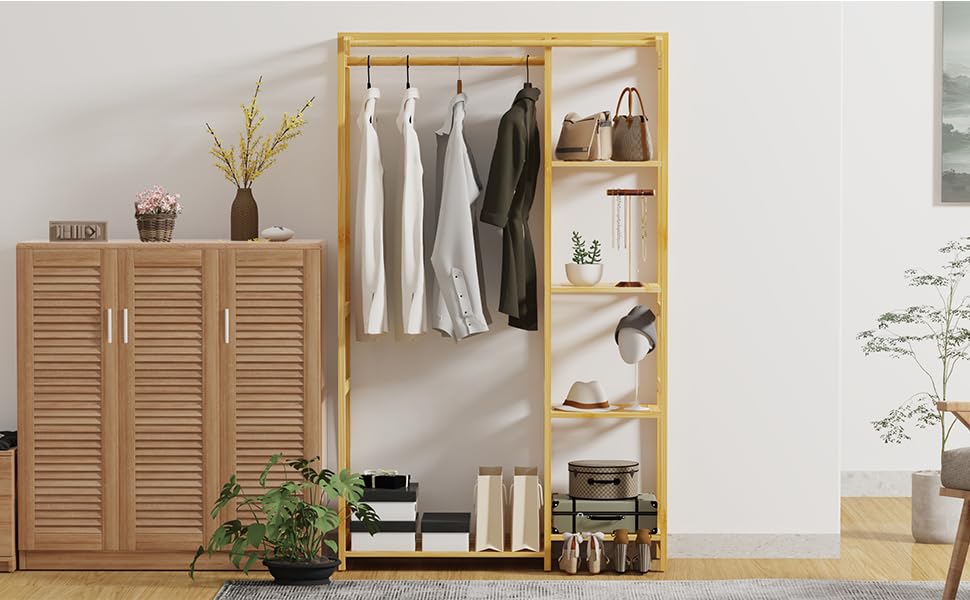 Appendiabiti in bambù Appendiabiti da terra con scaffale a 4 livelli con barra inferiore per abiti