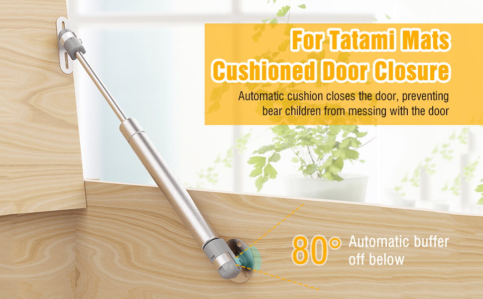 Mécanisme de fermeture de porte avec fonction tampon automatique, montrant l'installation d'une tige métallique et la spécification d'un angle de 80 degrés pour la protection des tatamis