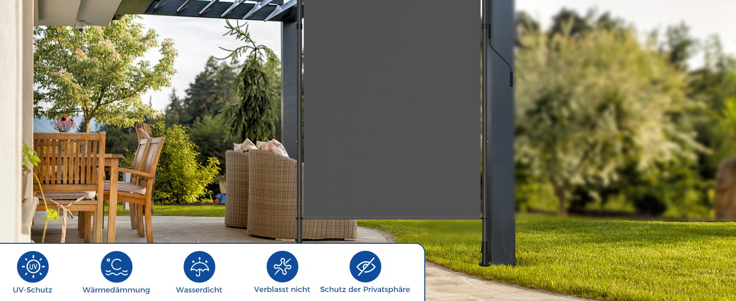 Pergola im Freien mit Holzstühlen und Korbgefäß mit Blick auf eine Wiese. Fünf blaue kreisförmige Symbole unten zeigen Produktmerkmale im Zusammenhang mit Wetterbeständigkeit