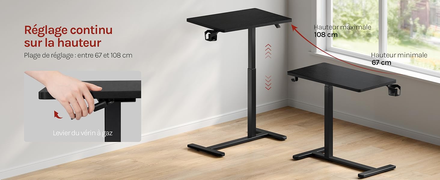 Le texte se lit comme suit : « Ratgeber einfach in der Höhe ». Lampe de bureau noire avec bras réglable positionnée sur un bureau debout, démontrant la capacité de réglage de la hauteur pour une configuration ergonomique de l'espace de travail.