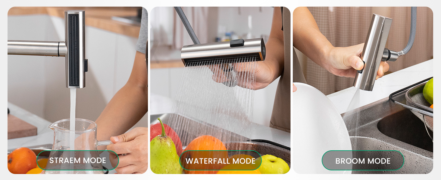Multi-mode kitchen faucet head demonstrating three settings: stream mode, waterfall mode, and broom mode for different washing applications.