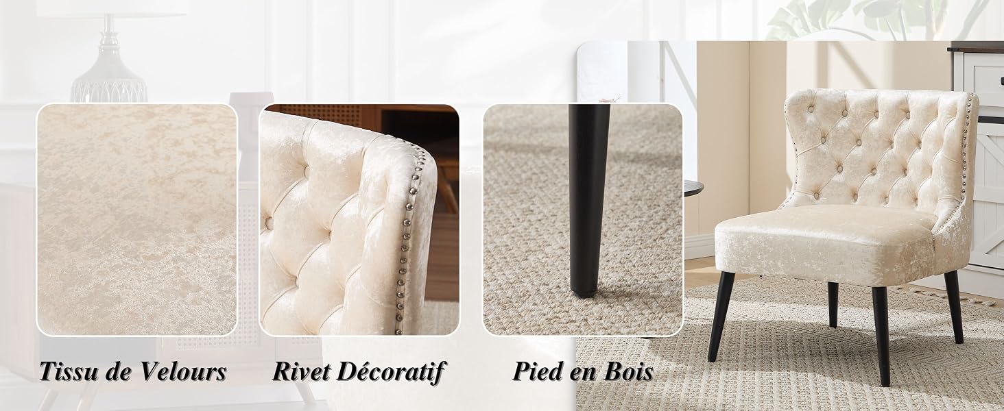 Le texte se lit comme suit : « Tiros de Velours », « Rejet [Dosseret] », « Pied en Bois ». L'image montre les détails du fauteuil rembourré beige.